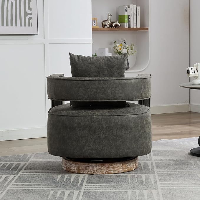 29.1 W Swivel Accent Chair with Open Back Modern Comfy Sofa Chair with Rubberwood Base 360 Degree Comfy Lounge Reading Armchair for Living Room Bedroom Nursery Office or Club (Gray+PU)