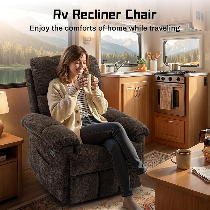 Recliner Chair Swivel Rocker Recliner Chair for Adults Small Recliners for Small Spaces Upholstered Manual Recliner with Side Pockets Nursery Rocking Chair for Living Room Chenille Brown