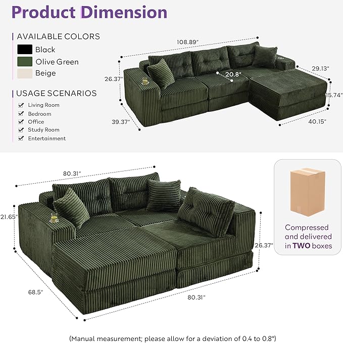 TYBOATLE Modular Sectional Sofa Couch Corduroy Cloud Boneless Foam Couch with Deep Seats &amp Cup Holder Modern Comfy Sleeper Sofa with L-Shape Chaise No Assembly (Forest Green)