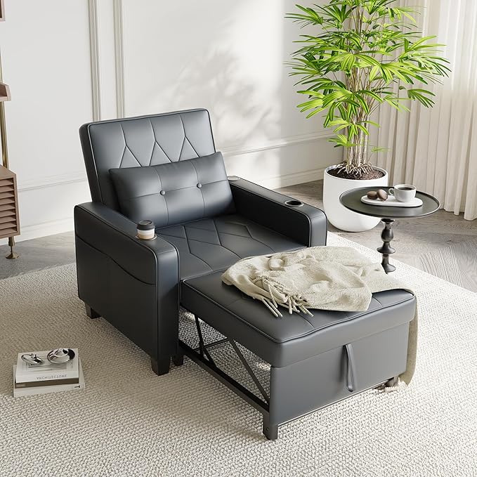 AILEEKISS 3 in 1 Convertible Sleeper Chair Bed Pull Out Sofa Chair Bed with Cup HoldersUSB &amp Type C PortsSide Pockets Linen Fabric Sleeper Single Sofa Couch for LivingroomApartmentOffice (Blac