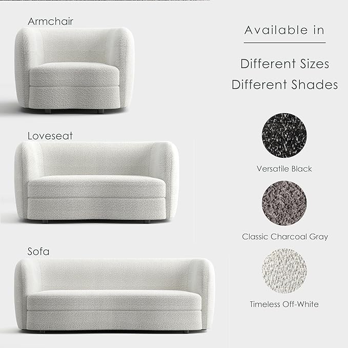 Furniture of America Nimiane Modern Boucle Sofa with Curved Arms and Wooden Legs Comfy Fabric Upholstered 3 Seater Couch for Living Room Bedroom Home Office Off-White