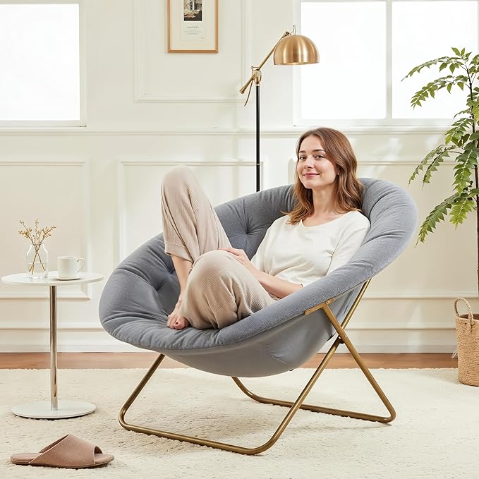 Saucer Chair Comfy Faux Fur Folding Moon Chair with Metal Frame Cozy Round Chair Lounge Lazy Chair for Living Room Bedroom Adults Kids Teens Grey