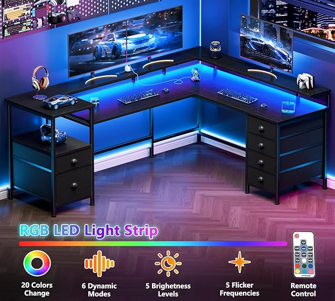 Furologee 66 Reversible L Shaped Gaming Desk with 6 Drawers &amp Printer Storage Shelves Corner Computer Desk with Power Outlets &amp LED Lights Home Office Table with Monitor Stand Black