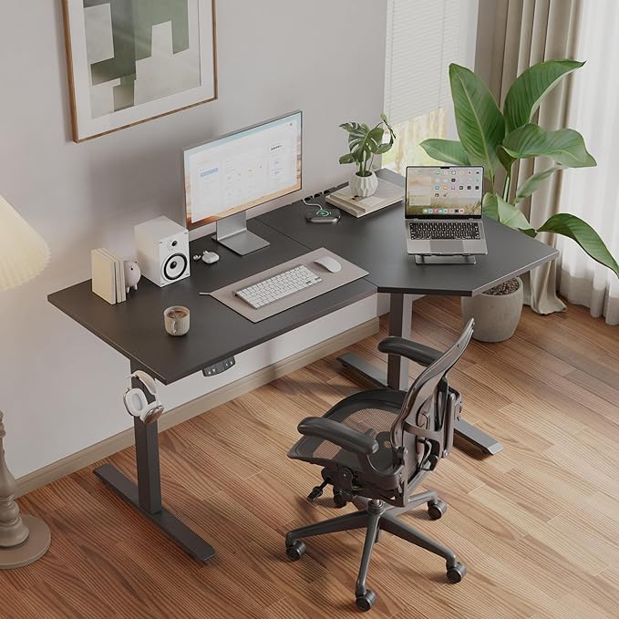 Mericonia L-Shaped Standing Desk with Cable Management Corner Stand Up Desk Electric Adjustable Computer Desk for Home Office Work