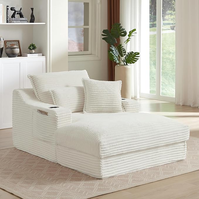 67.72 Inch Corduroy Chaise Lounge Chair Indoor No Assembly Upholstered Sofa Bed with Throw Pillows &amp Cup Holder for Living Room BedroomWhite