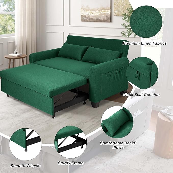 66 Black Sofa Sleeper Loveseat Sofa Bed Queen Size Pull Out Couch with 2 Pillows Pocket &amp Adjustable Backrest Small Couch Bed for Small Spaces Bedroom Apartment Living Room (Green 67) | C