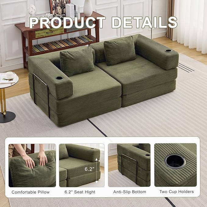 78 Loveseat Sleeper Sofa 4 in 1 Convertible Floor Sofa Bed Boneless Cloud Couch with Cup Holder Fold Out Floor Couch for Living Room Bedroom Lounge Corduroy Olive