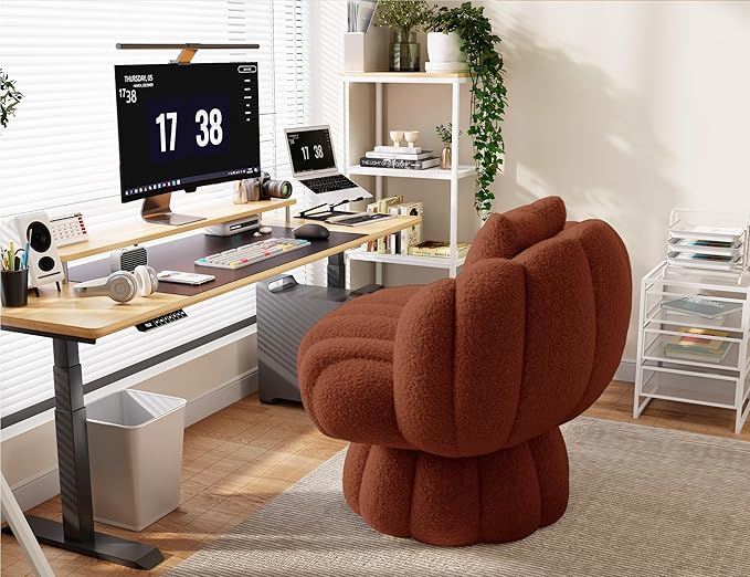 Teddy Fleece Swivel Vanity Chair - Armless Padded Accent Desk Chair for Bedroom Living Room Orange