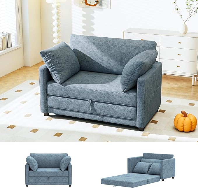 51 Convertible Loveseat Sofa Bed 2-in-1 Folding Sofa Bed with 2 Pillow for Small Spaces Modern Loveseat Sleeper Couch for Apartment Living Room &amp Guest Room (Light Blue)