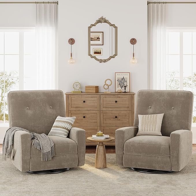 Recliner Chair 360° Swivel Rocking Glider Chair for Adults with Adjustable Backrest &amp Footrest Cozy Corduroy Upholstered Armchair for Living Rooms Bedrooms Apartments Brown Grey