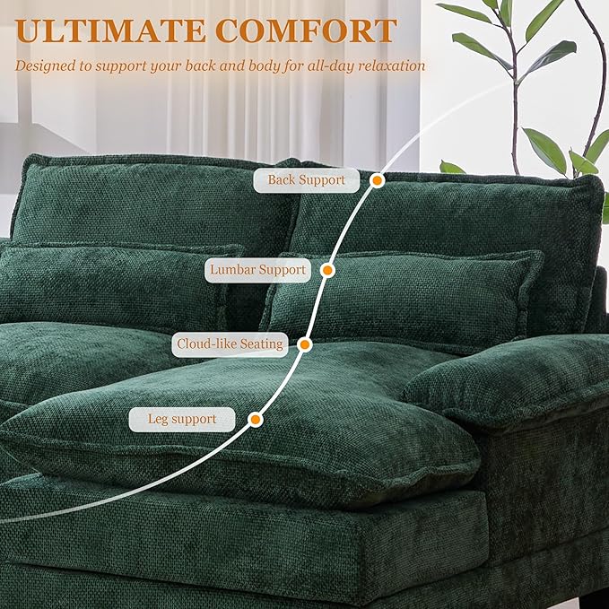 126 Modular Sectional Sofa with Storage Console Cloud Couch Chenille U-Shaped Sofa Cup Holders &amp Wireless Charger Memory Foam Double Chaise for Living Room Office Green