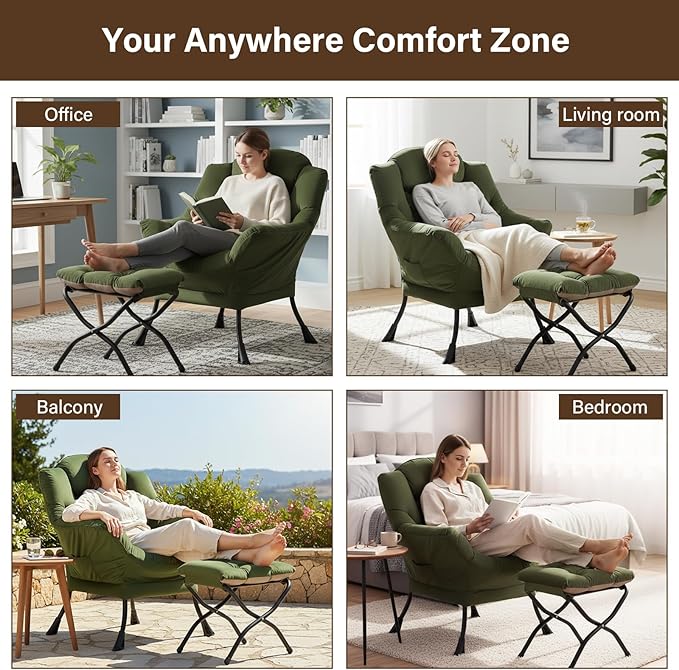 Welnow Lazy Chair with Ottoman Modern Reading Accent Chair with Armrests and a Side Pocket Leisure Upholstered Lazy Sofa Set with Footrest for Small Space Army Green