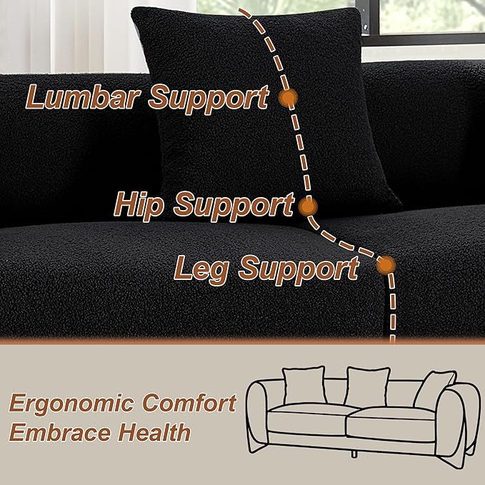 87 Sherpa Boucle Cloud Couch Modern 3 Seater Sofa with Solid Wood Legs 25 Extra Deep Seat Comfy Thick Cushion Upholstered Sofa Couches with 3 Pillows for Living Room Black