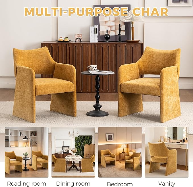 Mid-Century Chenille Accent Chair Set of 2 Geometric Open-Back Upholstered Armchair with Non-Slip Frame Cozy Reading Chair for Home &amp Office (Yellow)