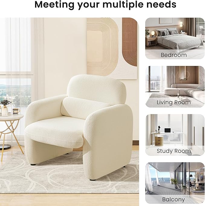 Furniliving 30.5 Accent Chair Modern Chenille Fabric Armchair for Living Room Comfy Upholstered Reading Accent Chairs for Bedroom Single Sofa Chair with Wood Legs White