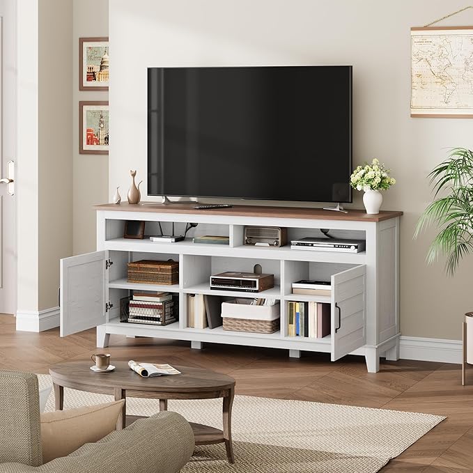 Garvee 63 Inch TV Stand Entertainment Center with Adjustable Shelves Farmhouse TV Stand with Cabinet Doorsfor Living Room