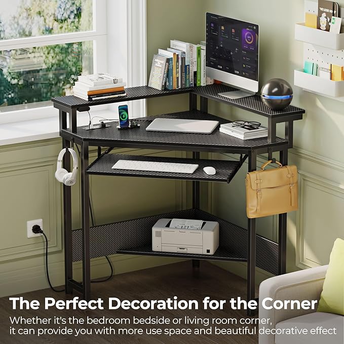 Rolanstar Corner Desk 44.5 W x 34.5 H Carbon Fiber Computer Desk with Power Outlets LED Lights and Keyboard Tray Small Office Computer Desk with Monitor Stand for Small Space Carbon Black