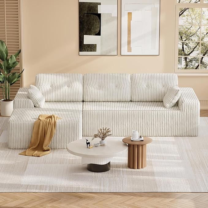 Ball &amp Cast 106 Cloud Modular Sectional Sofa Boneless Corduroy Couch with Deep Seat Comfy L-Shaped Sectional Modern Upholstered Sofa for Living Room No Assembly (Beige Left Facing Chaise)