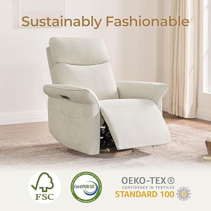 CHITA Power Recliner Chair Electric Triple-Motor Swivel Glider Nursery Rocking Chair with Adjustable Power Headrest and Lumbar Support GREENGARD Gold Certified Solid Wood Base Linen