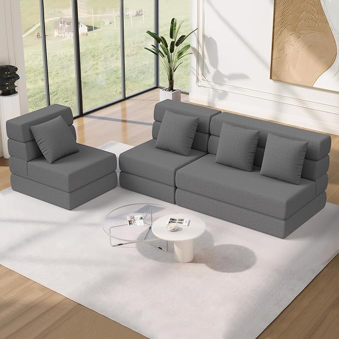Folding Sofa Bed Convertible Sleeper Chair &amp Couch Bed with Pillow One-Piece High-Density Sponge Mattress Multi-Purpose Floor Sofa for Living Room Office Dorm Apartment Grey Single