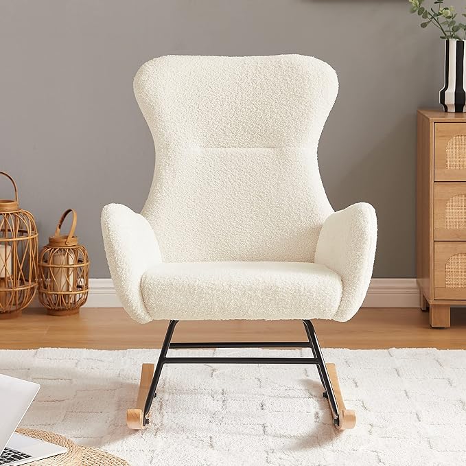 Modern Teddy Fabric Accent Rocking Chair Nursery Upholstered Rocker Glider Chair with High Backrest and Side Pockets for Living Room .(Cream White Teddy Fabric)