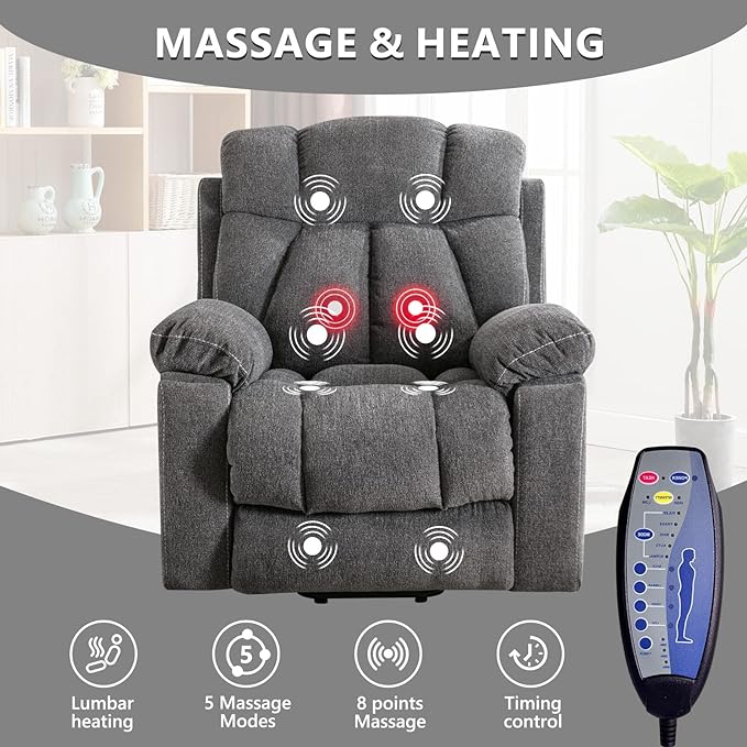CANMOV Large Power Lift Recliner Chairs with Massage and Heat for Elderly Big People Heavy Duty Motion Reclining Mechanism-Anti Skid Fabric Recliner Chair with 2 Concealed Cup HoldersDark Gray