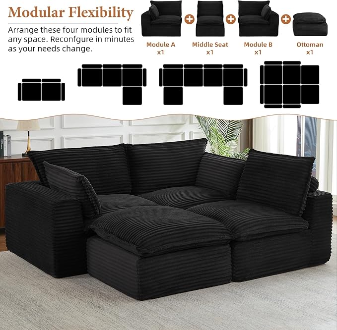 110 Inch Modular Sectional Sofa - Cloud Sectional Couch with OttomanCorduroy Boneless Couches with Deep SeatModern Sponge Compressed Couches for Living Room (White 4 Seat -L Shape Couch)