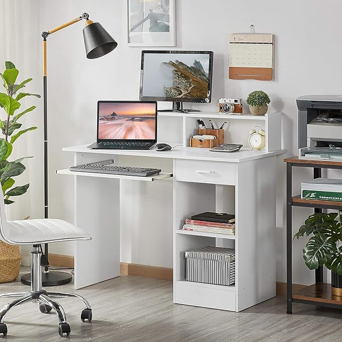 Home Office Computer Desk with Keyboard Tray and Drawers Wood White Students Writing Table with Storage Drawers &amp Hutch Modern PC Laptop Desk Multifunctional Workstation