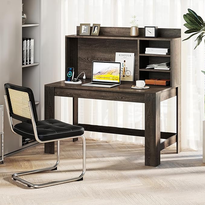 Giantex Computer Desk with Hutch Modern Home Office Desk with Power Outlets Storage Shelves &amp Cable Hole Makeup Vanity Table Study Writing Desk for Bedroom Office Small Space (Grey Oak)