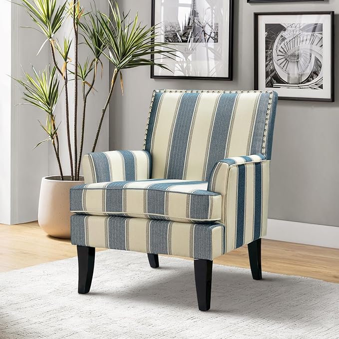 HULALA HOME Modern Accent Chair for Living Room Upholstered Fabric Single Sofa Chair Wingback Armchair with Wooden Legs for Bedroom Office Reading or Waiting Room Stripe Blue