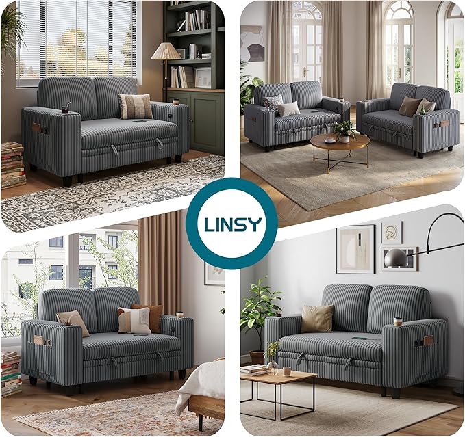 LINSY HOME Loveseat Sofa with Pull Out Couch: 2-in-1 Convertible 2 Seater Sofa Chaise with USB Charging &amp Cup Holders Comfy Plush Corduroy Love Seat for Small Spaces Living Room Apartment Grey