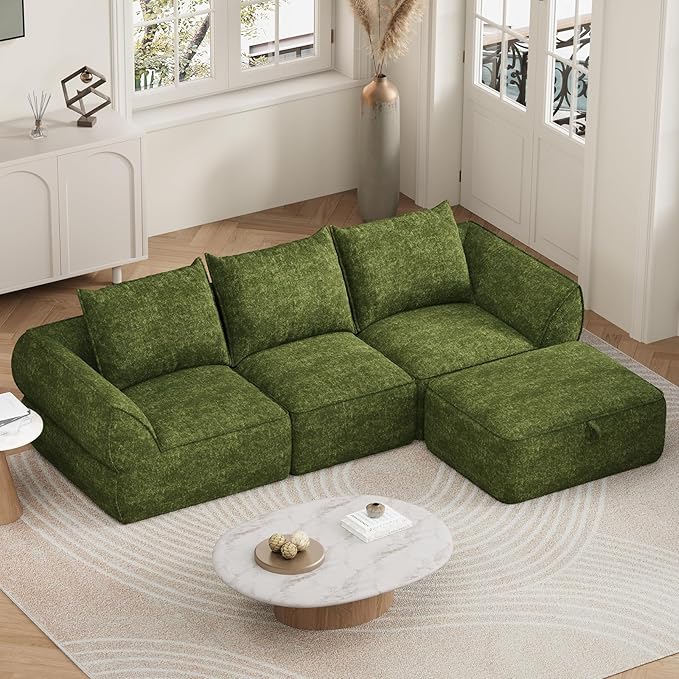 104 Modular Sectional Sofa with Deep Seat Comfortable Upholstery L Shaped Cloud Couch for Living Room 3-Seater Boneless Sofa with Movable Ottoman Removable Cover No Assembly Required Algae Green