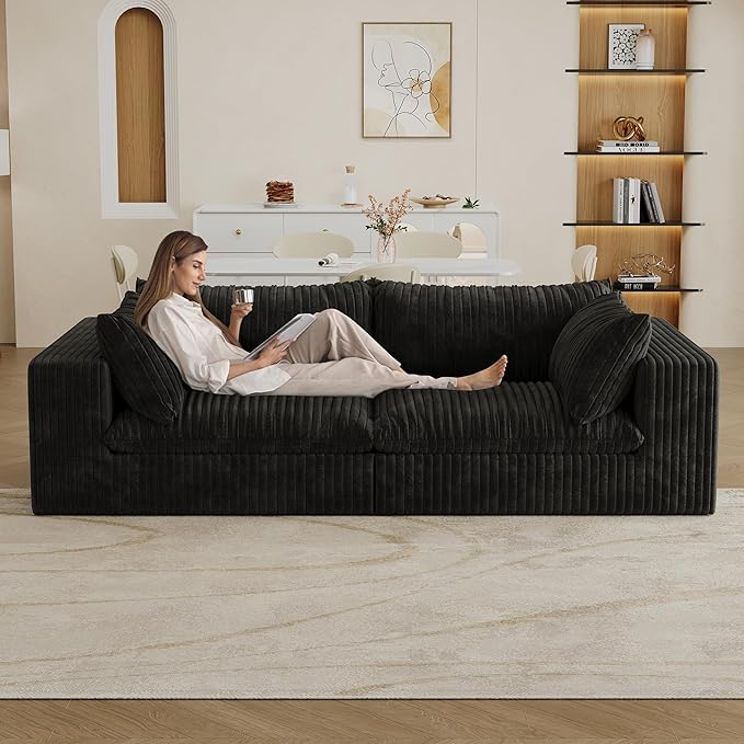 Boneless Corduroy Modular Couch with Removable Cushion 78.8 Comfy Cloud Couch for Small Spaces Deep Seat &amp Memory Foam No Assembly Required Compression Couches for Small Spaces(Black) | Fluff