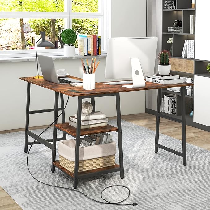 Tangkula 48” L Shaped Computer Desk Corner Study Writing Desk with Outlets &amp USB Ports Home Office Desk Computer Workstation with 2-Tier Shelf Executive Desk (Rustic Brown)