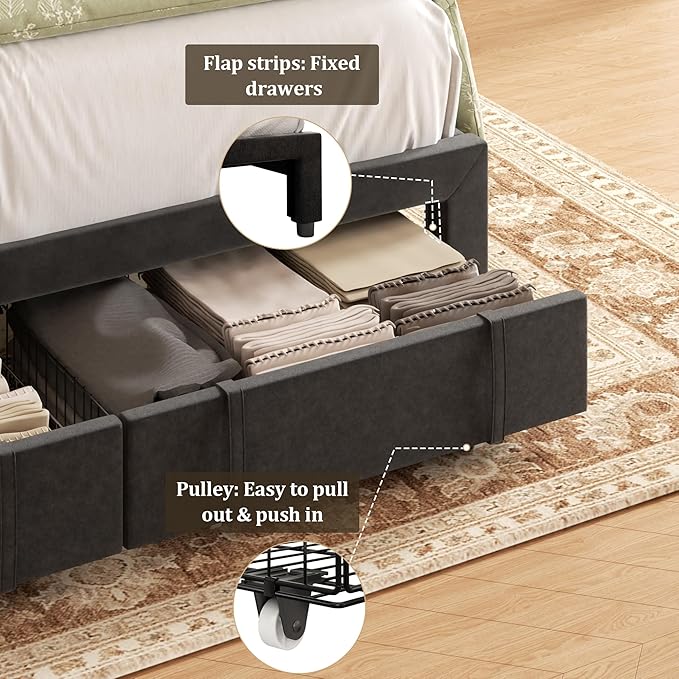 Full Bed Frame with Storage Drawers Velvet Upholstered Full Size Platform Bed with 47 Tall Headboard and Wingboard No Box Spring Needed Noise Free Easy Assembly Wooden Support Slats Black