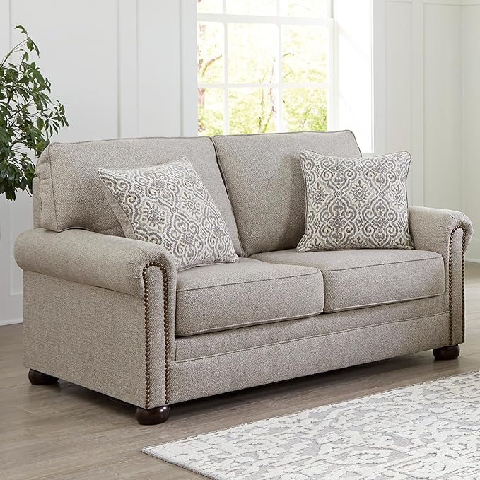 Signature Design by Ashley Gaelon Transitional Loveseat with Nailheads and 2 Accent Pillows Beige