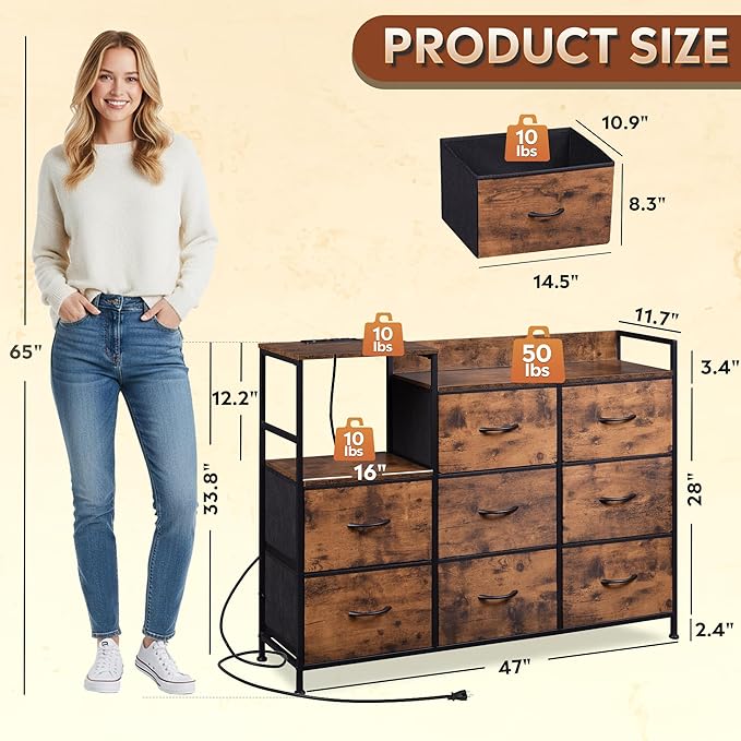 TV Stand with Charging Station Entertainment Center with 8 Fabric Drawer TV Media Console Table Open Storage Shelves Wood Top for Living Room Hallway Rustic Brown