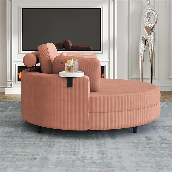 51-Inch Orange Corduroy Sofa Lounge Chair with 2 Throw Pillows 1 Waist Pillow 1 Extra Storage Tray for Comfortable Seating in Small Apartment Bedrooms Living Room