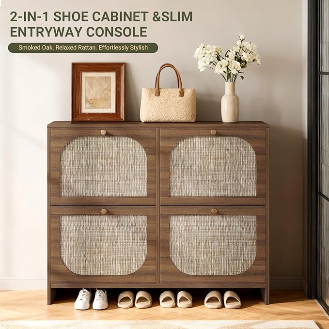 Nicetree Rattan Arched Accent Shoe Storage Cabinet - Freestanding Ultra Slim for Entryway 4 Flip Drawers &amp 3-Tier Adjustable Shelves Farmhouse Modern Rustic Shoe Rack for Hallway Foyer Living