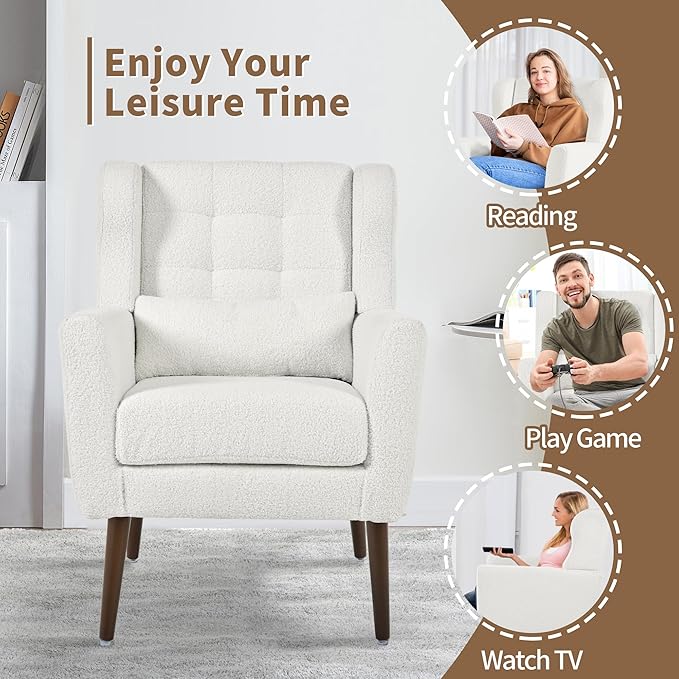 Modern Accent Chair Upholstered Arm Chair with Waist Pillow Single Sofa Chair for Living Room Bedroom Small Spaces (White)