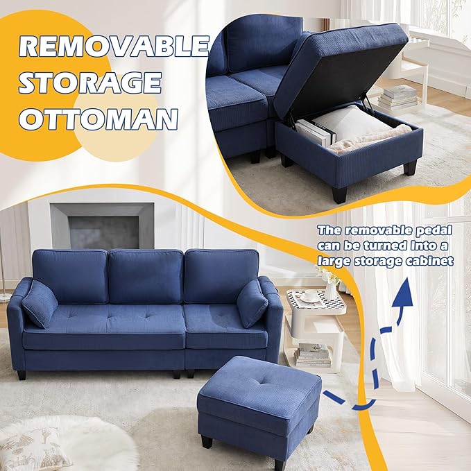 Grepatio Sectional Sofa Couch 80 L Shaped Convertible Sofa with 2 Pockets &amp USB Ports 3-Seater Comfy Cloud Modular Couches with Movable Storage Ottom for Living Room Apartment Small Space (Bl