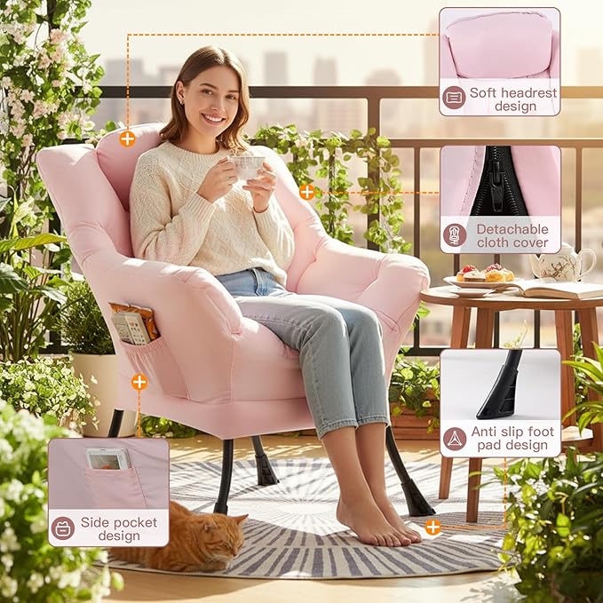 Lazy Chair for Living Room Large Pink Accent Chair with a Throw Pillow Leisure Sofa Chair Set Comfy Reading Chair for Bedroom Dorm Room Office