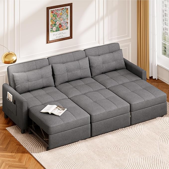 Aiho Sectional Sleeper Sofa 84 Inch Pull Out Couch with Adjustment Backrest &amp Ottoman Convertible Sectional Couch Bed for Living Room Guest Room Dark Grey