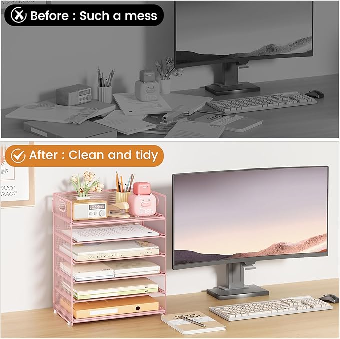 Subekyu 6 Tier Office File Paper Desk Tray Organizer with Handle Stackable Slide Mesh Letter Tray Folder Pink Desk Organizer Desktop Document Sorter for Classroom Office Home Supplies Storage