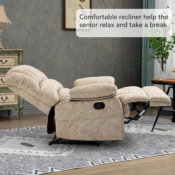 Large Manual Recliner Chair for Living Room Oversized Fabric Reclining Chair with Pillow Top Arms Cushion Back and Smooth Lever Control Heavy-Duty Metal Frame (Beige)