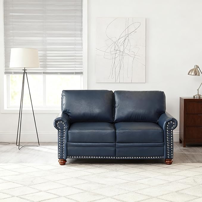 Loveseat Velvet Fabric Two- Seater Couch Buckle Design and Rivet Decoration Deep Seated Double Sofa Suitable for Living Room Bedroom Apartment Hotel etc (Blue)