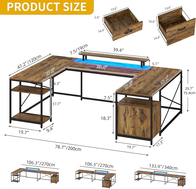 DWVO U Shaped Desk with Drawers 79 Reversible L Shaped Desk with Power Outlets &amp LED Lights Corner Computer Desk with Monitor Stand &amp Storage Shelves Rustic Brown