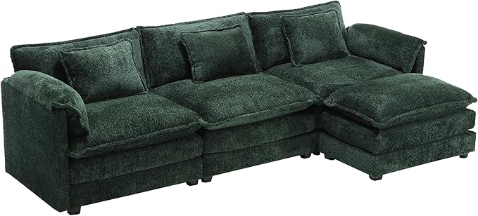kevinplus 112'' Sectional Sofa Couch with Convertible Ottoman for Living Room Modern Contemporary 3-Seat L-Shape Sofa Couch for Apartment Home Office Thick Cushion &amp Boucle Fabric Green