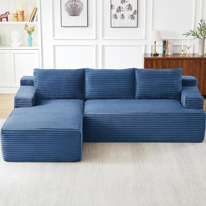 96 Modular Sectional Sofa Modern Corduroy L Shaped Cloud Couch with Side Pockets Boneless Upholstered Couches with Deep Seat for Living Room No Assembly Required (Blue Left Facing Chaise)