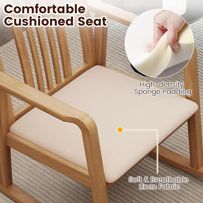 Giantex Rocking Chair with Cushioned Seat Indoor Solid Rubber Wood Rocker Chair w/Slatted Back &amp Curved Armrests Wooden Accent Armchair for Living Room Bedroom Study Porch (2Natural + Beige)